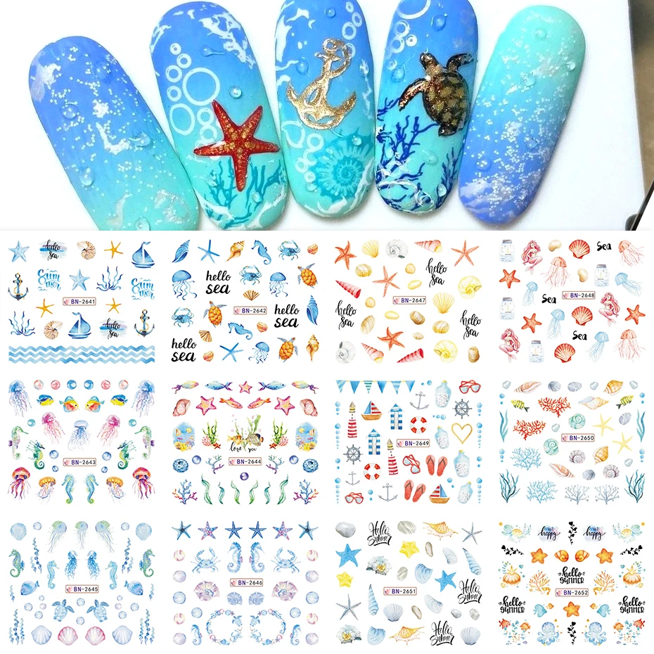 ฤดูร้อนที่มีสีสัน Conch ปลาดาวเล็บสติกเกอร์น้ํา Blue Ocean Theme Marine Life Design DIY แมงกะพรุนเล็บ Watermark Sliders