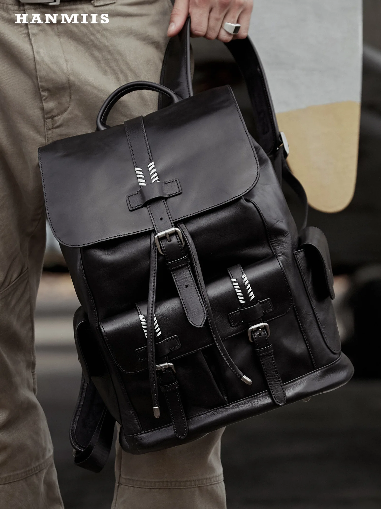 HANMIIS New Full-Grain Leather Large-Capacity Backpack & Travel Bag | Premium Men's Business Laptop Rucksack & Weekender Daypack