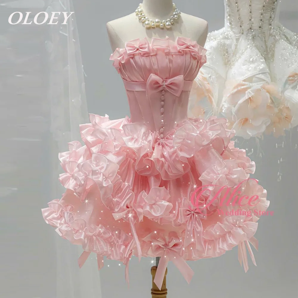 OLOEY Modernes trägerloses rosa bauschiges kurzes Abschlussball-Cocktailkleid mit Rüschen, Schleifen, A-Linie, Hochzeit, Geburtstag, Partykleid, individuell gestaltete Schnürung