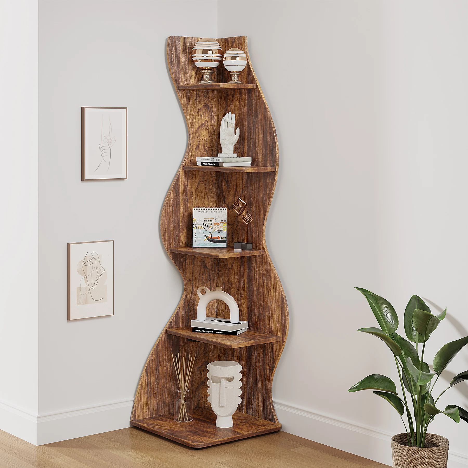 

Tribesigns Corner Shelf, Rustic 5-Tier Wall Corner Bookshelf, Stylish Corner Small Bookcase Storage Rack Plant Stand with Unique