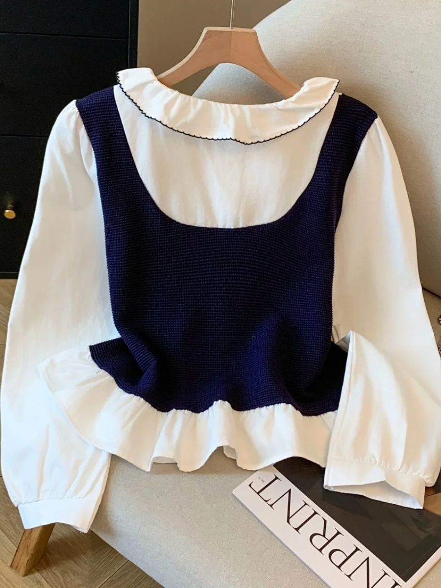 Self-Kept Sle Knitted Splice Doll Collar irt Women Early Autumn Anti-Aging College Wind Top Recommendations for You