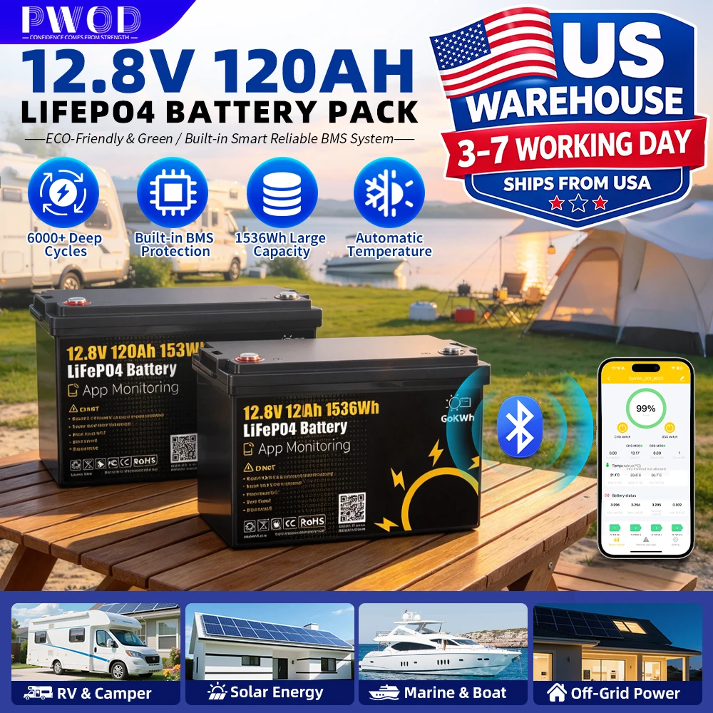 1536Wh 12V 120Ah LiFePO4 Lithium Battery with App Monitoring, 100A BMS, 1280Wh 1536Wh Deep Cycle Rechargeable Battery for RV Camper Solar Marine Boat Trolling Motor Camping Off Grid DIY 12V 240AH 24V 120AH US Local Warehouse