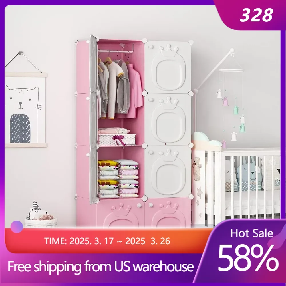 Kids Wardrobe Closet with Door Closet Armoires Organizer for Bedroom.The Open Hanging Children Costume Area and 6 Cube Stroage