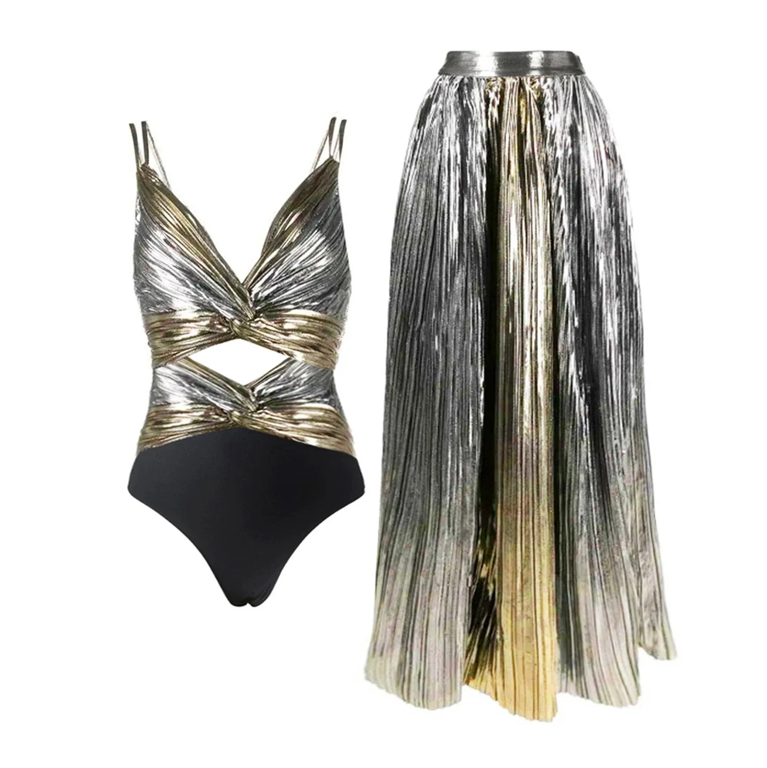 2025 Gold Glossy One Piece Swimsuit and Skirt for Women One Shoulder 3D Flower Swimwear Female Shiny Monokini Beach Bathing Suit