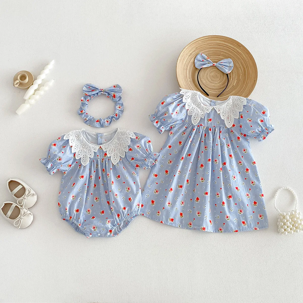 2026-summer-baby-bodysuit-toddler-girl-dress-set-floral-lace-collar-bubble-sleeve-matching-sibling-outfits-for-newborn-0-8y