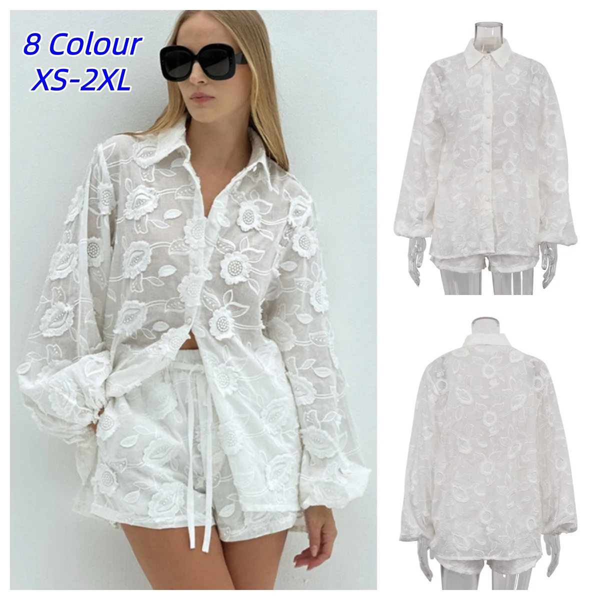 Summer White Cotton 2 Piece Sets Women's Outfit Casual Jacquard Button Wrist Sleeve Shirts and High Waist Shorts Matching Sets