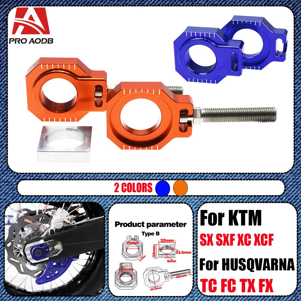 

For Husqvarna TC FC TX FS KTM125 150 250 300 350 450 SX SXF XC XCF 2013-2023 Motorcycle CNC 25mm Rear Chain Adjuster Axle Blocks