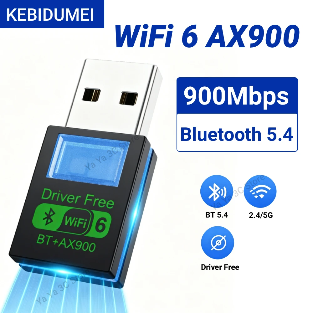 

KEBIDUMEI AX900 USB-адаптер Wi-Fi 6 Bluetooth 5.4, 2-в-1, двухдиапазонный, 2,4G и 5G, беспроводная сетевая карта с индикатором, без драйверов, для Win10/11