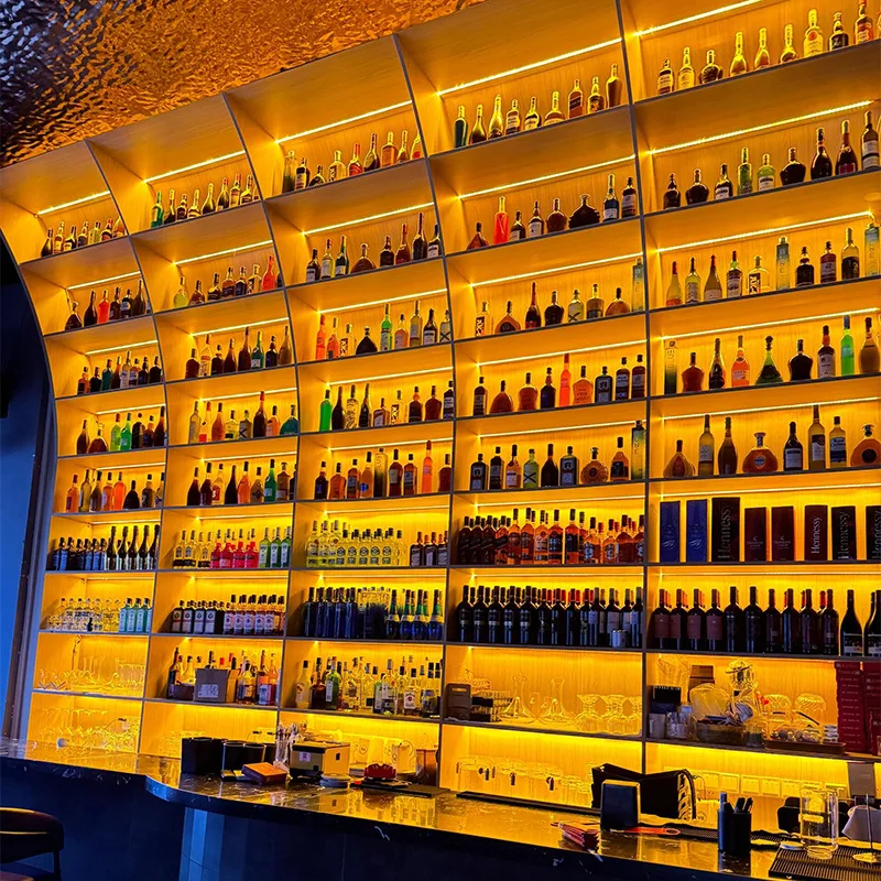 Bar Wine Cabinet Creative Bar Counter Background Wall Wine Rack Clear Bar Pub Music Restaurant Stainless Steel Curved Wine Cabin
