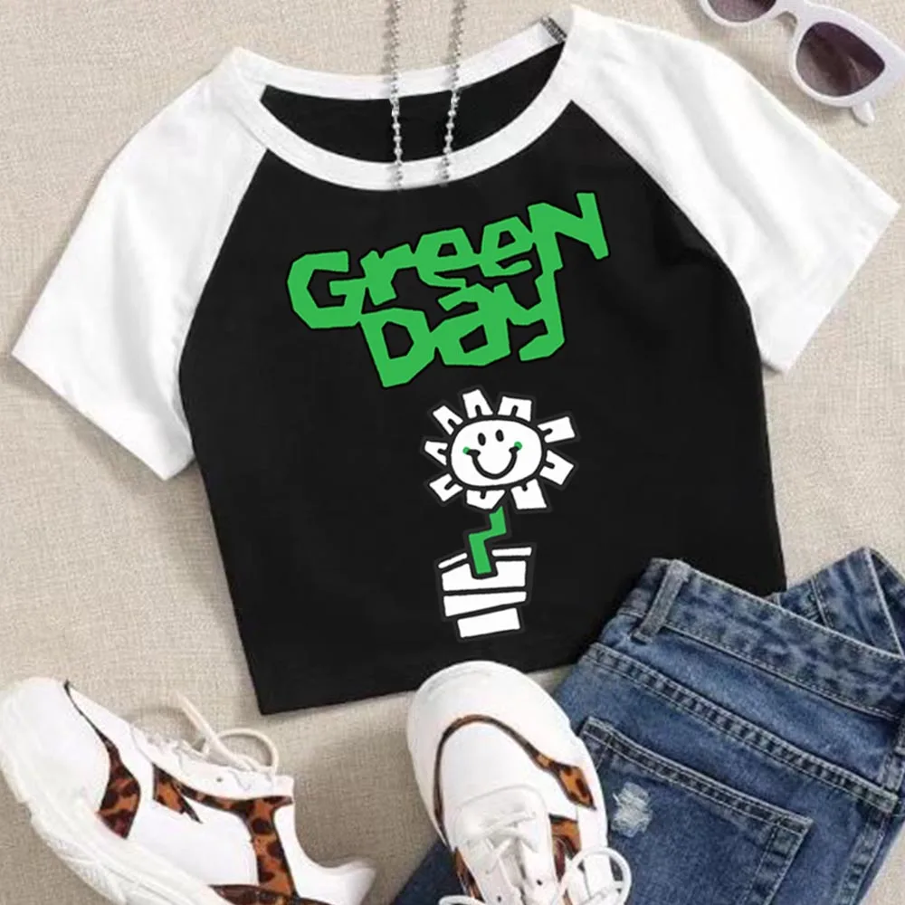 

Футболка-кроп-топ в стиле Green Day для тура 2026 года, модная женская футболка с круглым вырезом и коротким рукавом