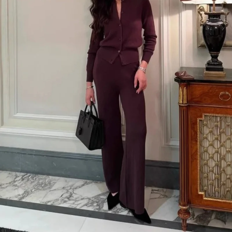 Women's New Autumn Winter Knit Cardigan Pants Set Slim Fit Long Sleeve Long Trousers Simple Solid Color Sweater Suit 2025