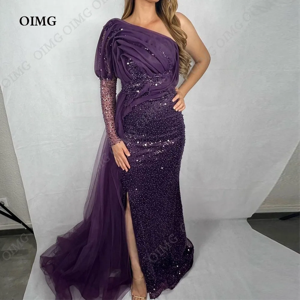 

OIMG Elegant Sheath Organza Sequins Slit Evening Dresses One Sleeve Shiny Dubai Arabic Women Prom Gowns Formal Occasion Dress