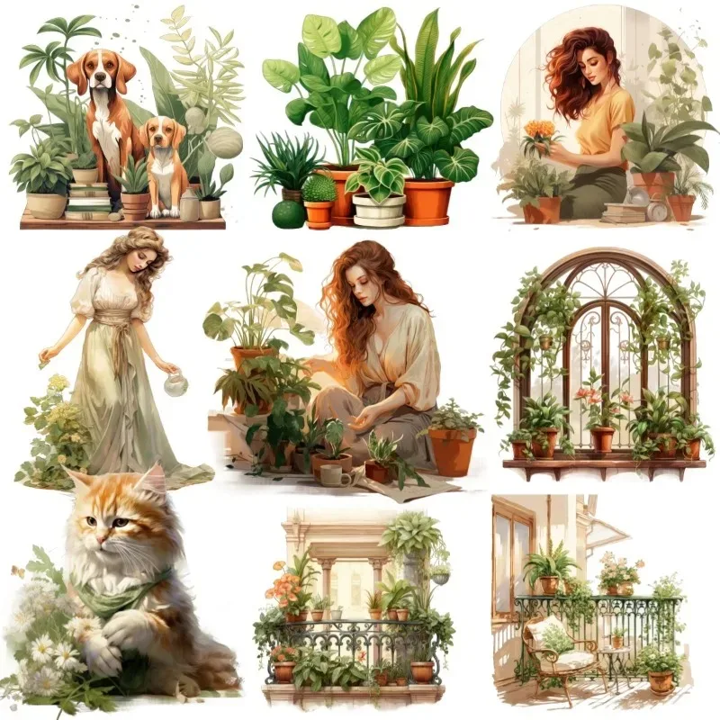 Cute Watercolor green plant balcony windowsill Stickers  Self-made Girl Scrapbooking /Decorative /DIY Craft Photo Album  journal