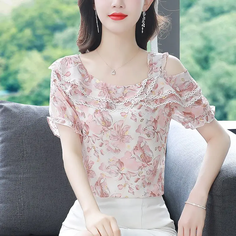 เสื้อชีฟองแขนสั้นผู้หญิงใหม่พิมพ์ลายดอกไม้หลวมแฟชั่นระดับไฮเอนด์