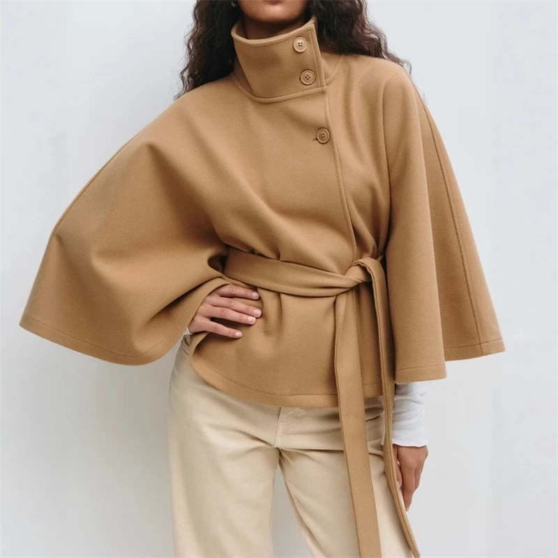 

Chic Vintage Stand Collar Short Jacket With Belt Women's Solid Flared Sleeve Lace Up Coats 2025 Autumn Lady Office Streetwear ﻿