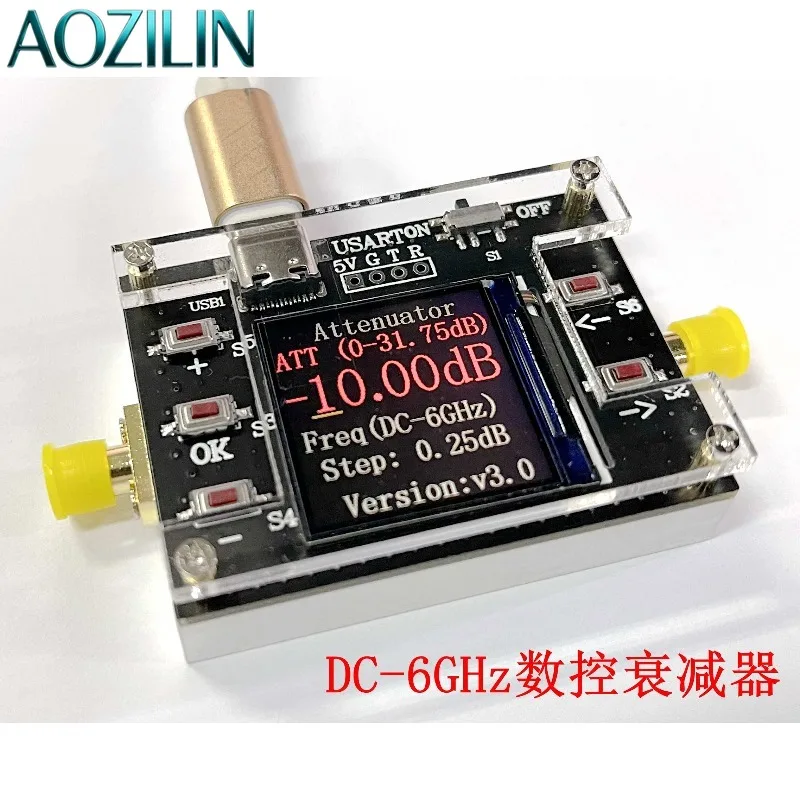 AOZILIN Type‑C Digital Programmable RF Attenuator 6GHz 30DB TFT Display CNC Shell Communication Supported Test Module