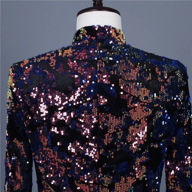 Mens Luxury Flipping Sequin Shiny Blazers 2024 Brand Mandarin Collar Tuxedo Suit Blazer Men Party Show Prom Costumes for Singers