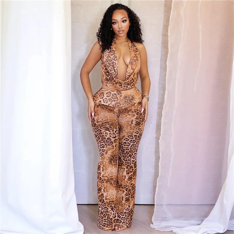 Roupas femininas de duas peças com estampa de chita, tops halter, calças justas e largas, roupas de verão de malha