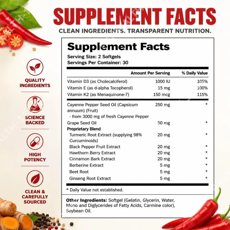 DHOP Cayenne Pepper Softgels with Vitamin D3 Vitamin E & Vitamin K2 Grape Seed Oil Beet Root & Hawthorn Extract 60 Capsules
