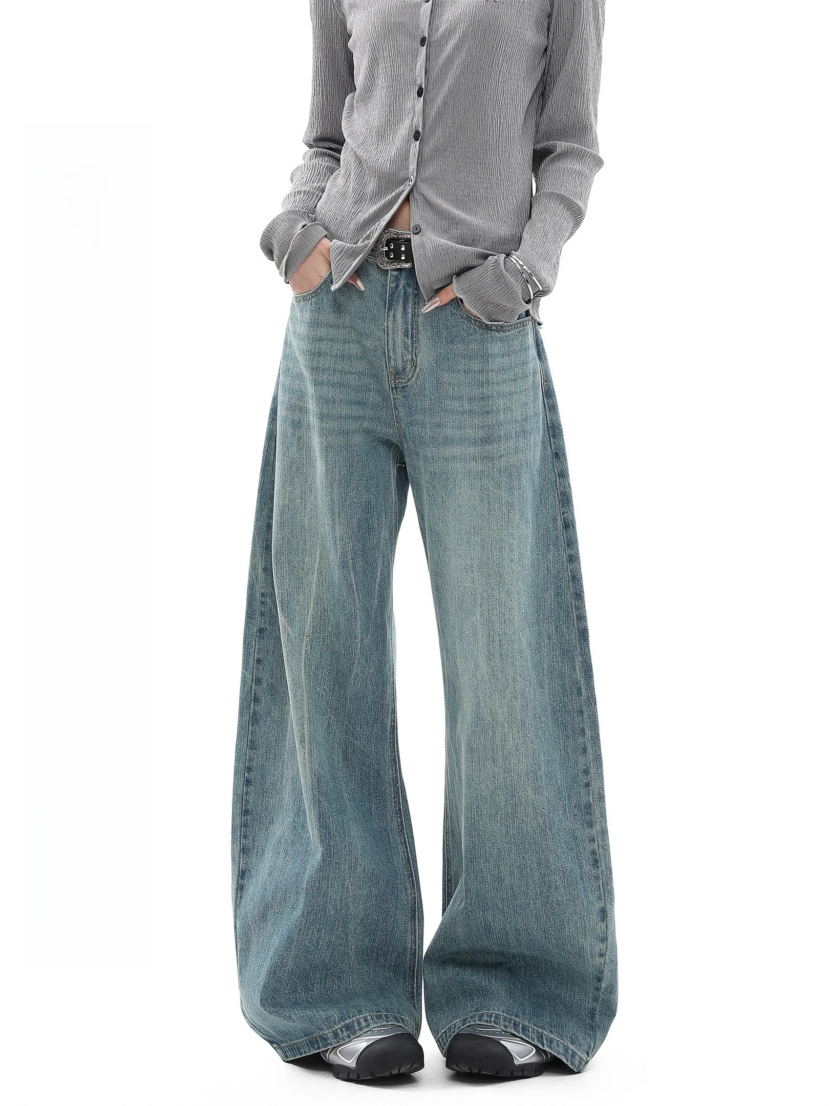 

Washed Denim Straight Leg Pants Women's Loose Wide Leg Bamboo Node Pattern Casual Trousers Summer Vintage Style Natural Waist