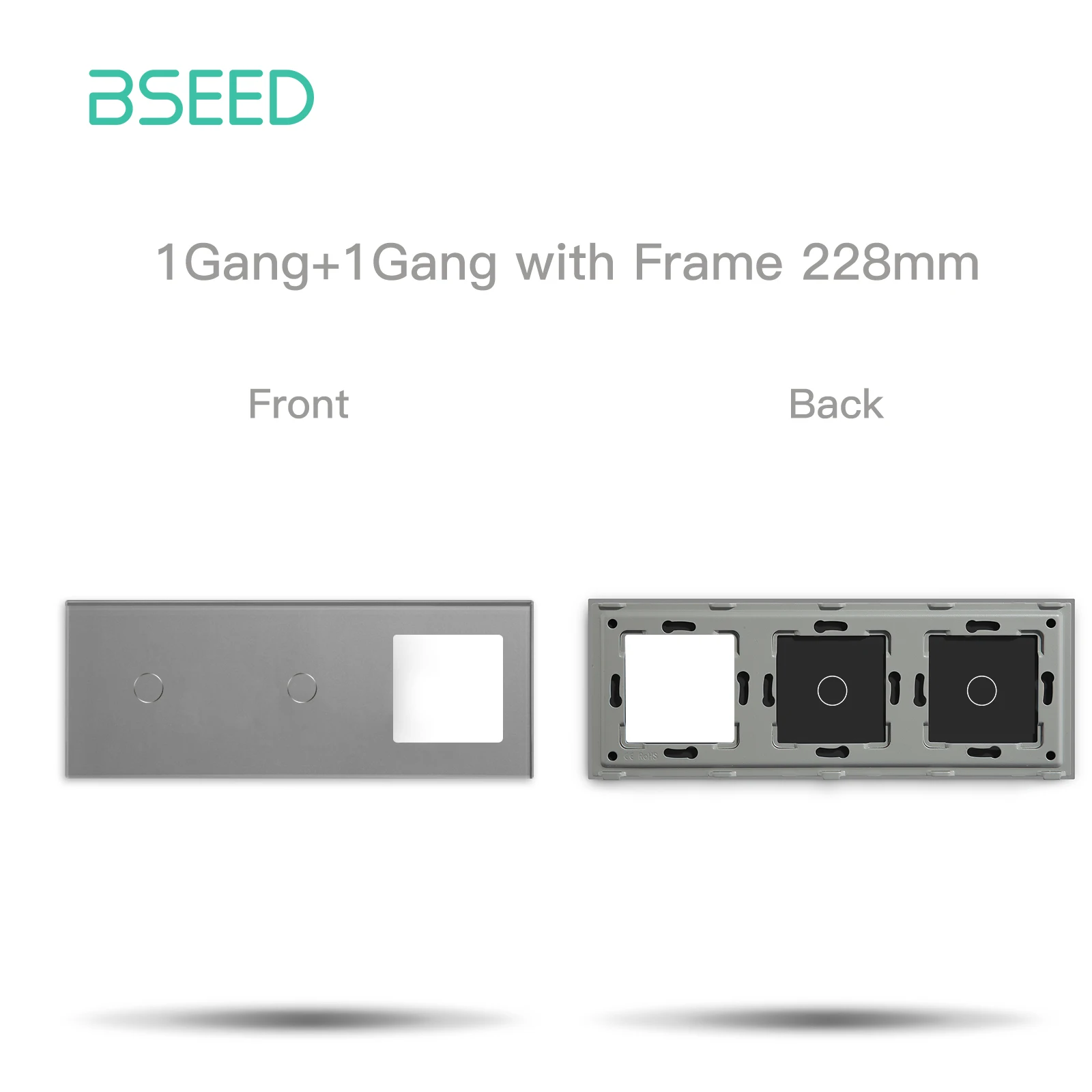 BSEED Doppelter 1/2/3Gang-Touch-Schalter, Glasscheibe mit leerem Steckdosenrahmen, Ersatzteil, kein Schalter auf der Rückseite, EU-Standard, 228 mm
