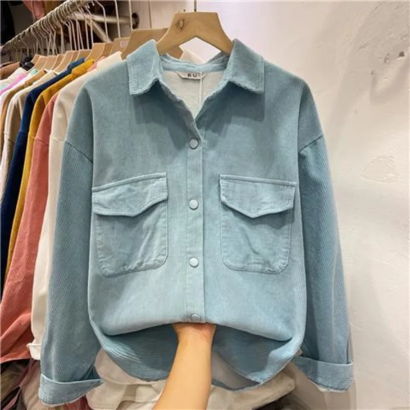 Corduroy Shirt Women Fleece Long Sleeve Blouse Autumn Winter Women\'s Clothing Korean Fashion Single-breasted Pocket Tops New