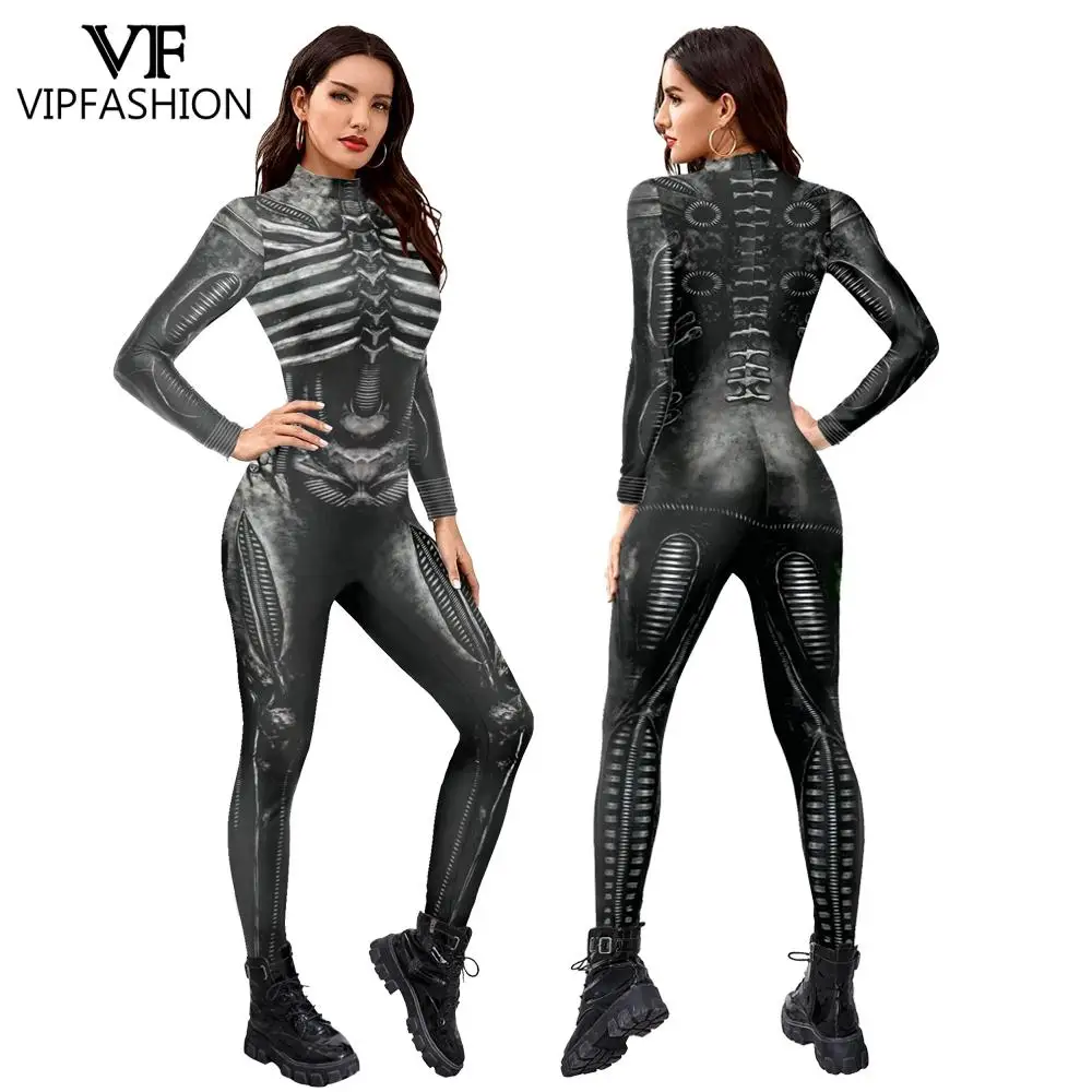 

VIP FASHION Halloween Skeleton Pattern 3D Print Sexy Bodysuits Women Skinny Jumpsuit Ghost Punk Style Performance Costume