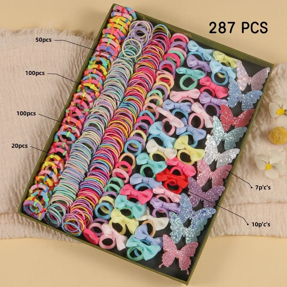 Girls 555Pcs Butterfly Hair Accessory Kit, Colorful Hair Clips Elastic Hair Bands Set for Daily Ponytail Hairstyle Decoration