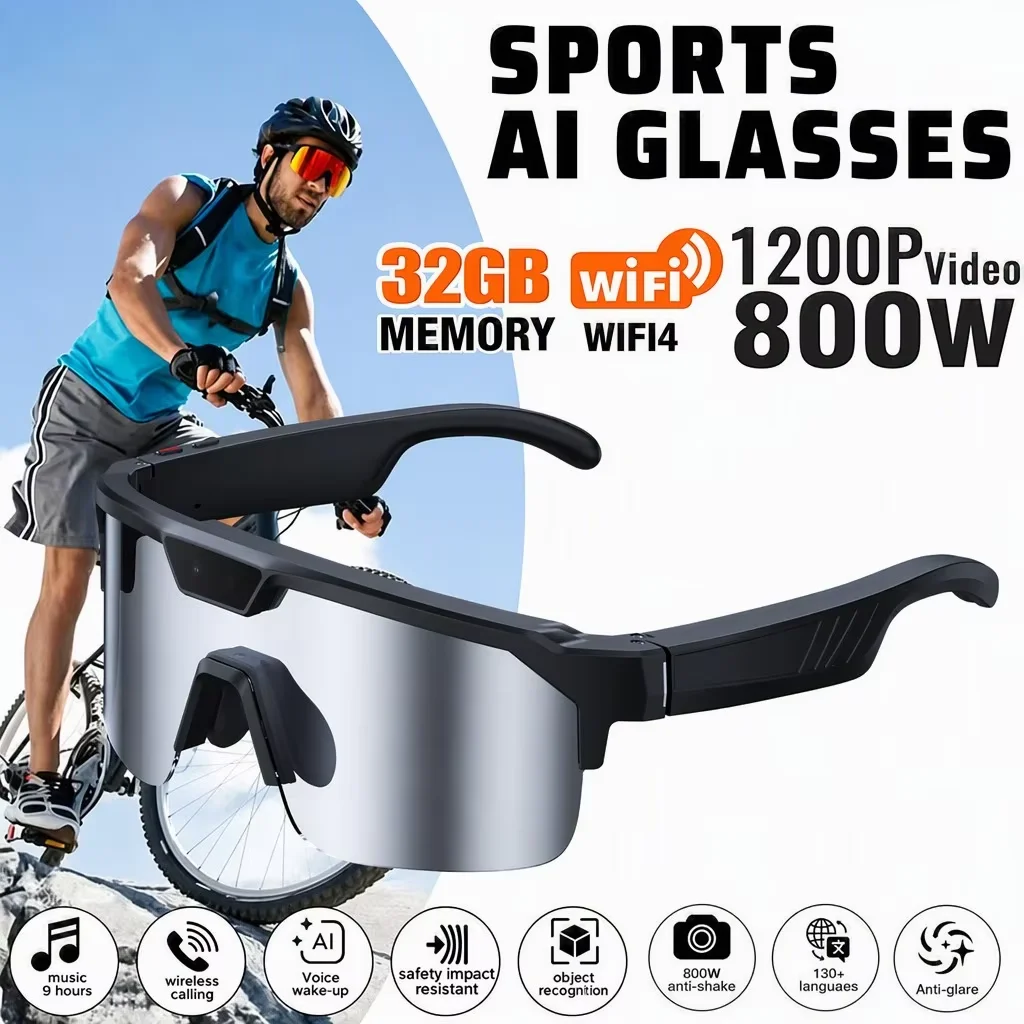 AI Sports Camera Glasses 30MP Photo 1200P Video Dual Anti-shake Bluetooth 5.3 Calling AI Translation 100+ Languages UV Polarized