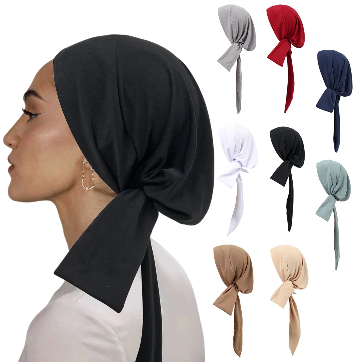 

Модный длинный хвостовой ремень, хиджаб, тюрбан, шапки, мусульманские однотонные повязки на голову, мягкая эластичная химиотерапевтическая шапка для женщин и девочек, тюрбан