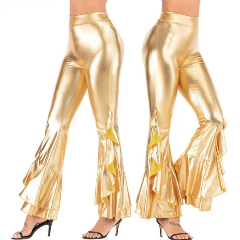 Dameskostuums Sexy PU-leer Metallic Flare-broek Glanzende meisjes elastische taille Bell Bottom-broek Clubwear Carnaval Disco Party