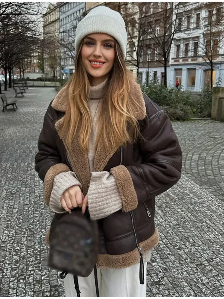 

Fashion Lapel Pu Leather Fur Zipper Jacket Women Long Sleeved Thick Warm Pocket Overcoat Female High Street Coats