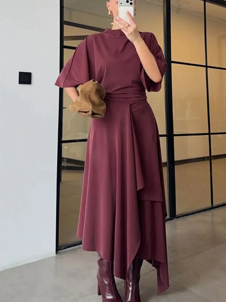 

Elegant Irregular Hem Skirt Set Women Half Sleeve High Collar Slim Top Loose Long Skirts 2026 Spring Fashion Chic Lady Outfits