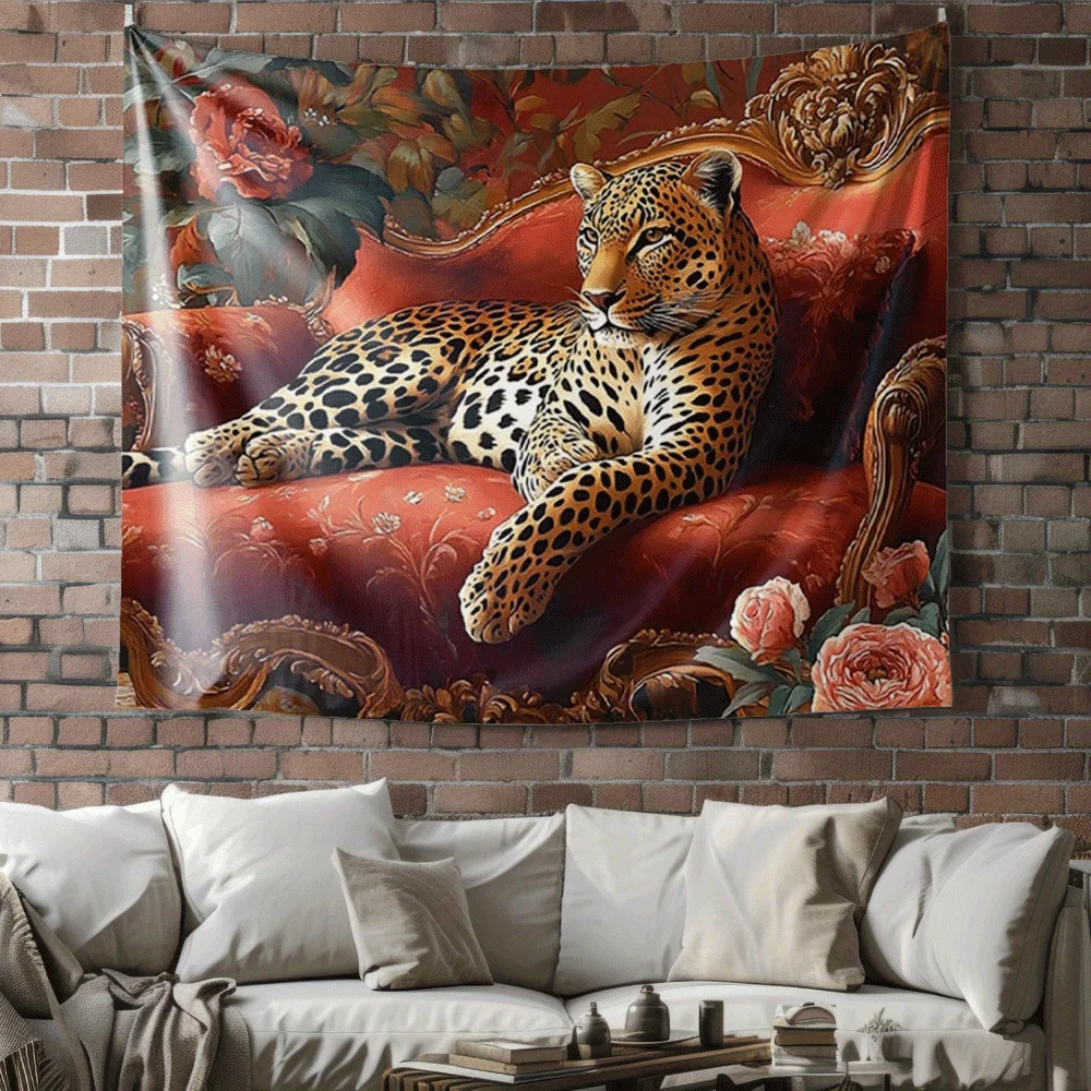 leopard on the red sofa Digital printing polyester wall hanging tapestry decorative Living room bedrooms Office background gift