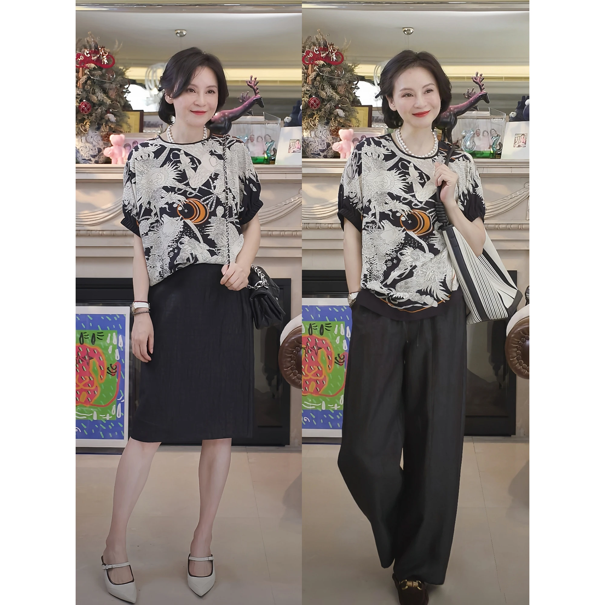 

Capricorn Paris Street 00 Silk 8MM Double Gauze Digital Printing Silk Small irt Top Women's Knitted Wear