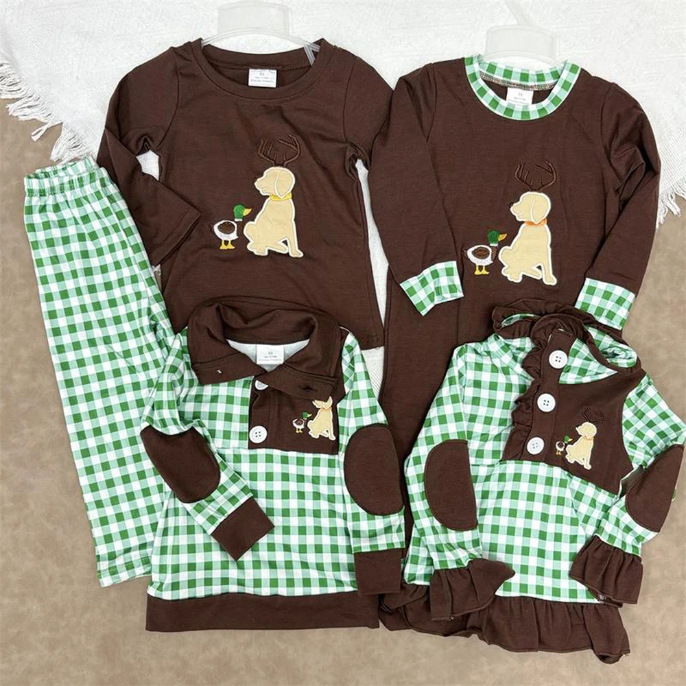 

z1014-17 BLP0293 Wholesale baby romper kids clothes boy Matching tops embroidery puppy Long romper Boutique Children clothing