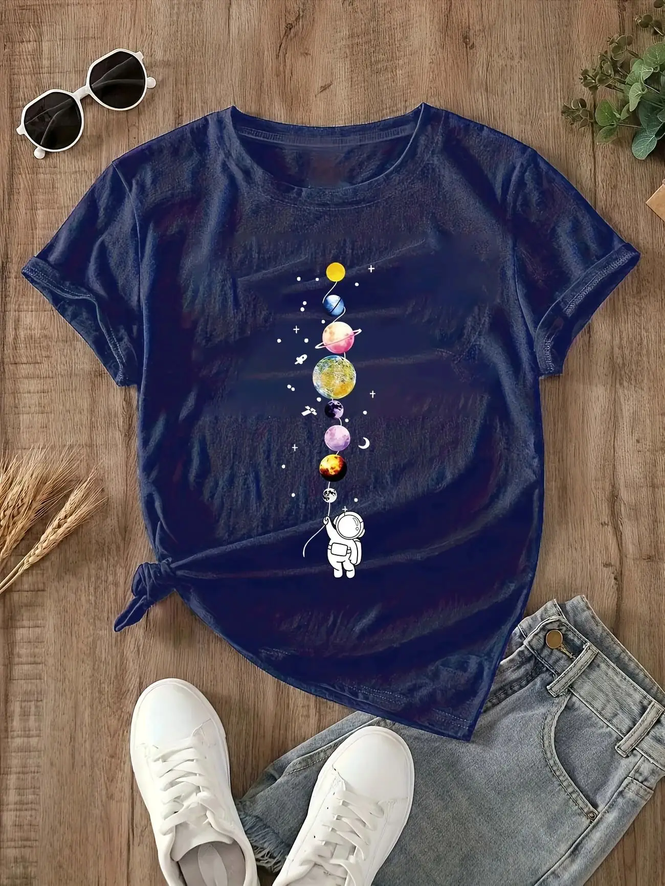 

Plus - Size Women's Short - Sleeve T - shirt, Astronaut & Colorful Planet Balloons Print, Creative & Casual