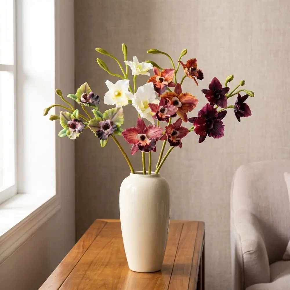 Flores de Orquídea Artificiales Realistas, Aspecto Natural, Tallo Largo con Capullos, Tallo de Orquídea Cattleya Resistente a la Decoloración, Hecho a Mano
