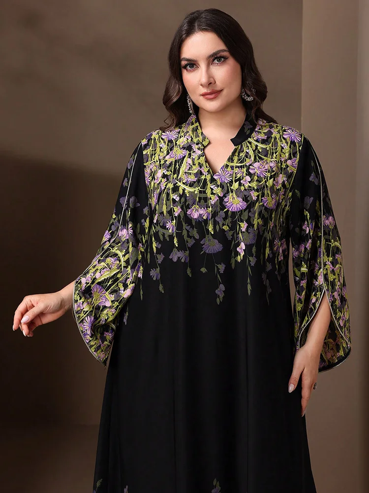 TOLEEN Fashionable And Elegant Long Sleeve A-line Casual Printed Party Arabic Clothing 2024 New Summer Plus Size Women Eid Dress