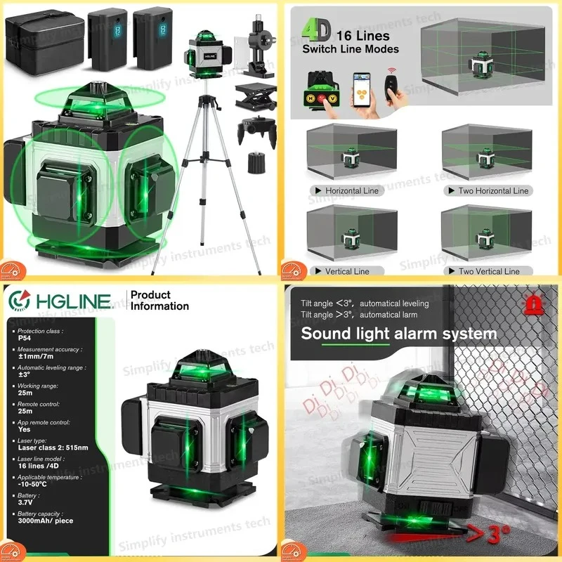 16 Lines Laser Level with APP Remote Control 360 Degree Self Leveling Horizontal Vertical Cross Line Professional Portable