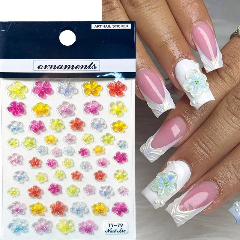 Colorful Jelly Flower Petals Nail Stickers Embossed Floral Adhesive Decals Macaron Color Blossom Acrylic Nail Sliders Decoration