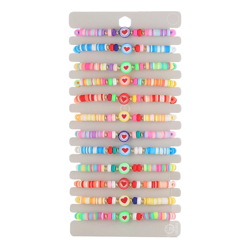 女性用の色とりどりの粘土の花のビーズのブレスレット,手作り,エスニック,調節可能なジュエリー,ボヘミアンスタイル,愛,12個セット