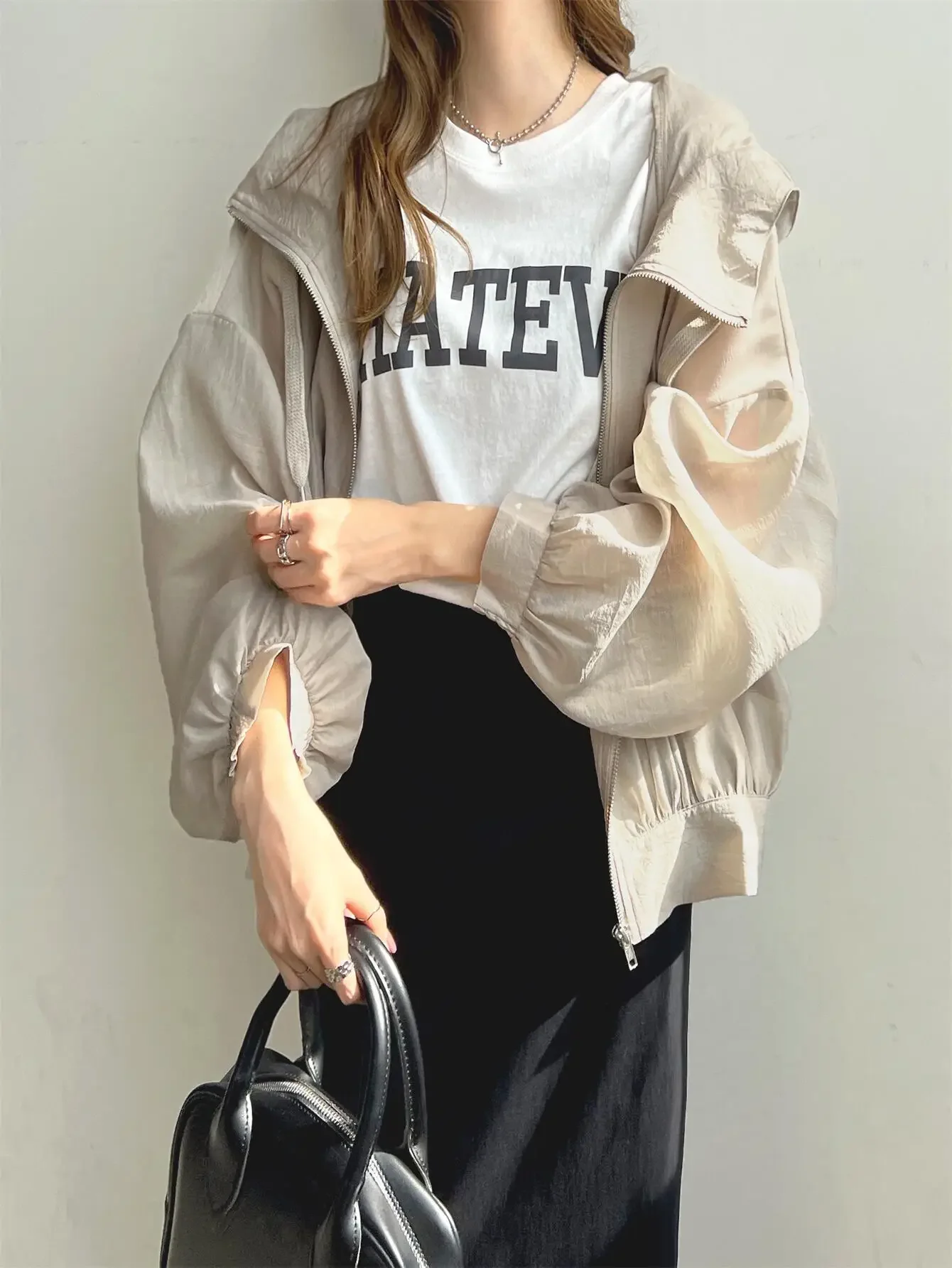 Lightweight Hooded UV Protection Women's Summer Clothes Breathable Sunscreen Shirt Thin Fabric High Collar Zipper Lantern Sleeve