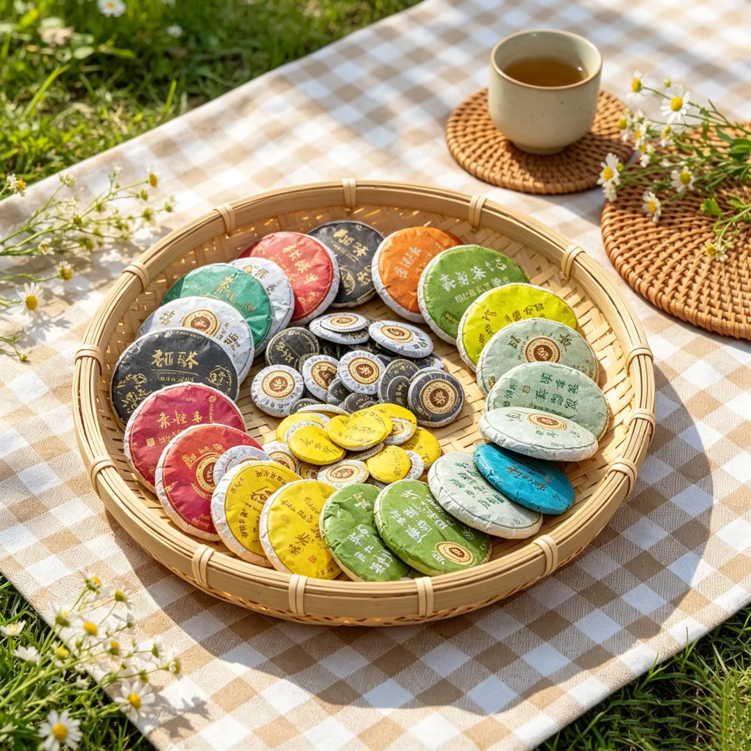 Cost-effective 30 Various Shu Raw Puer Small Tea Cake Storage Box Pu'er Storage Basket Pu erh Hand Knitting Box China Droshippin