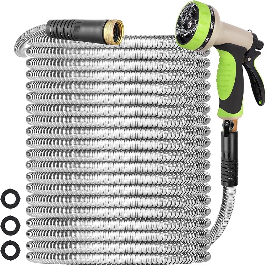

75FT Metal Garden Hose Stainless Steel Heavy Duty Lightweight Flexible Water Hose with 3/4” Fitting 10 Function Nozzle Leak Punc
