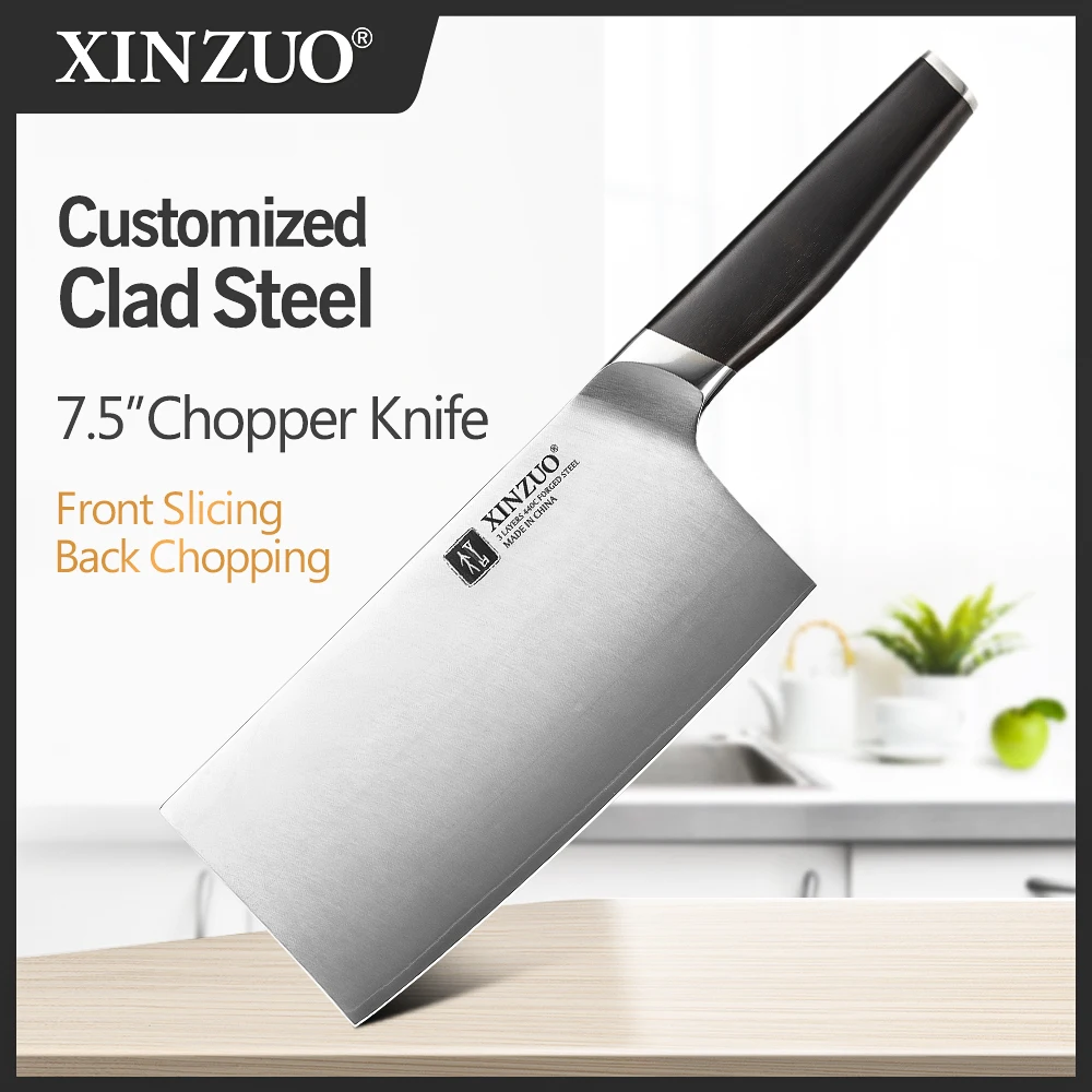 

XINZUO 7.5'' Chopper Knife 2Cr13MoV Steel Blade Welding With 9Cr18MoV Steel On Edge Composit Steel Cleaver Meat Ebony Handle