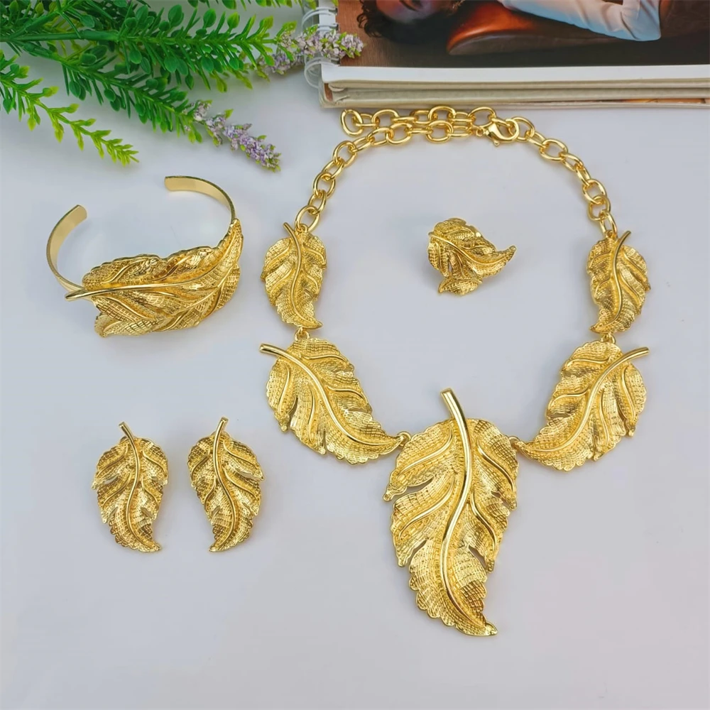 EMMA Fashion Dubai Goldplated Jewelry Set African Woman Big Leaf Necklace Bracelet Ring Earrings Set Wedding Party Accessories