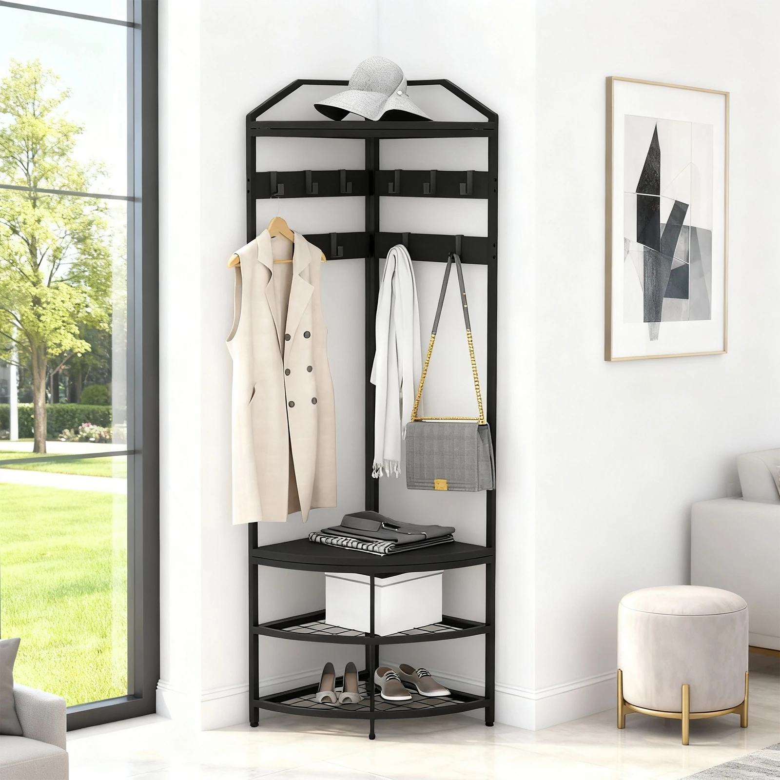 

Free Standing Corner Coat Rack With 2-Tier Mesh Shoe Shelves & Anti-Tip Device, Entryway Hall Tree Organizer Metal Garment Rack