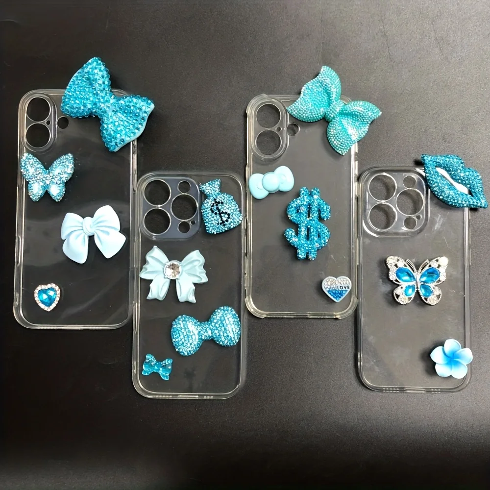 

47Pcs Bundle Luxury Bling Diamond Lake Blue Bow Butterfly Money Bag Lip Charms Wholesale Junk Phone Case Decoration Charm Crafts