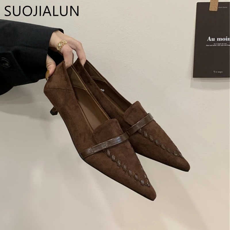 

SUOJIALUN New Brand Women Boat Shoes Fashion Pointed Toe Shallow Slip On Ladies Elegant Pumps Shoes Thin Med Heel Single Shoes
